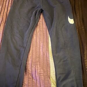 Nike Men's Dark Blue Joggers with White Swoosh and Silver Side Panel